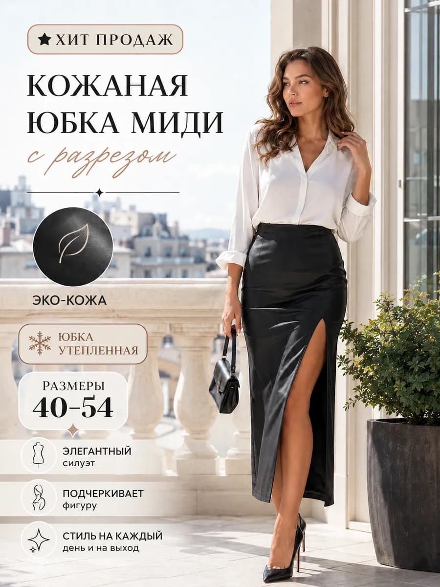 Юбка утепленная кожаная миди с разрезом по бедру