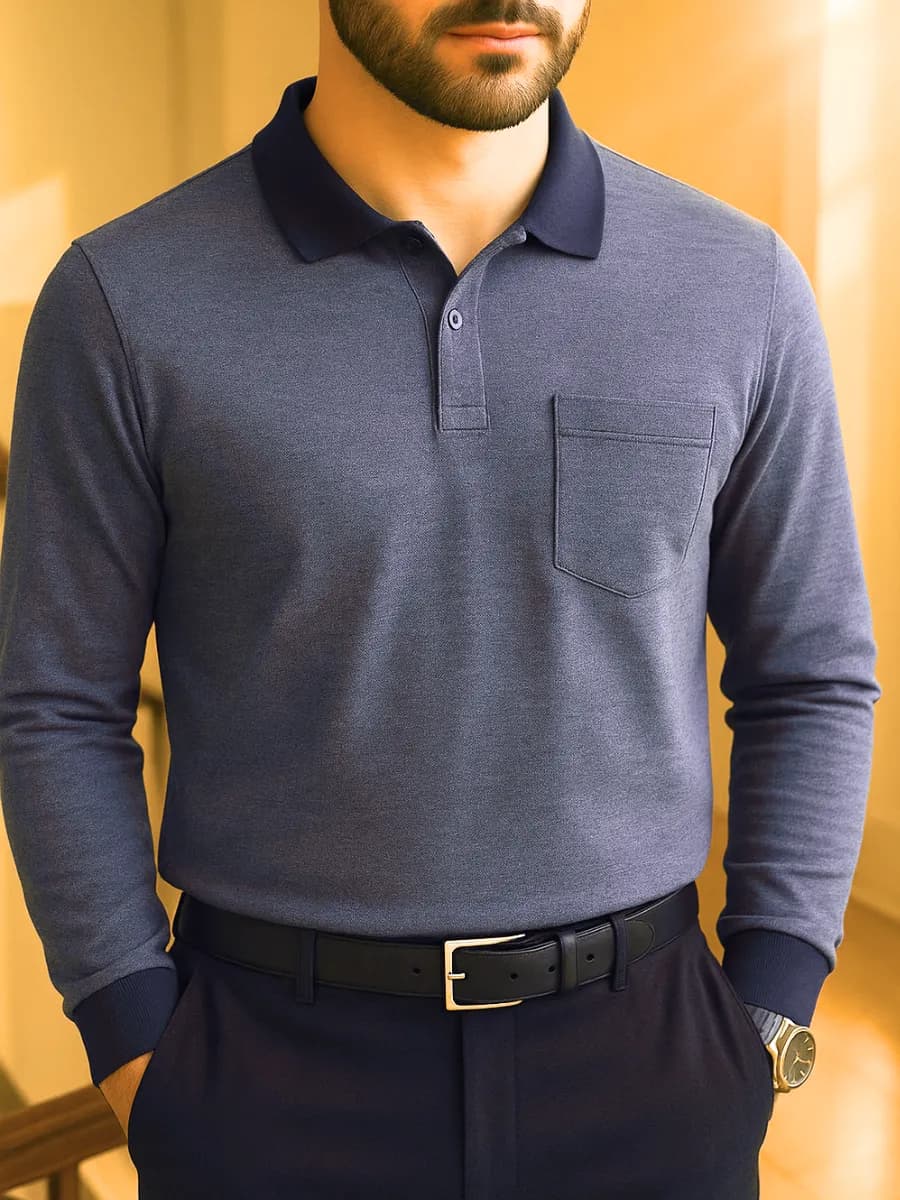 Лонгслив поло с длинным рукавом на пуговицах с карманом