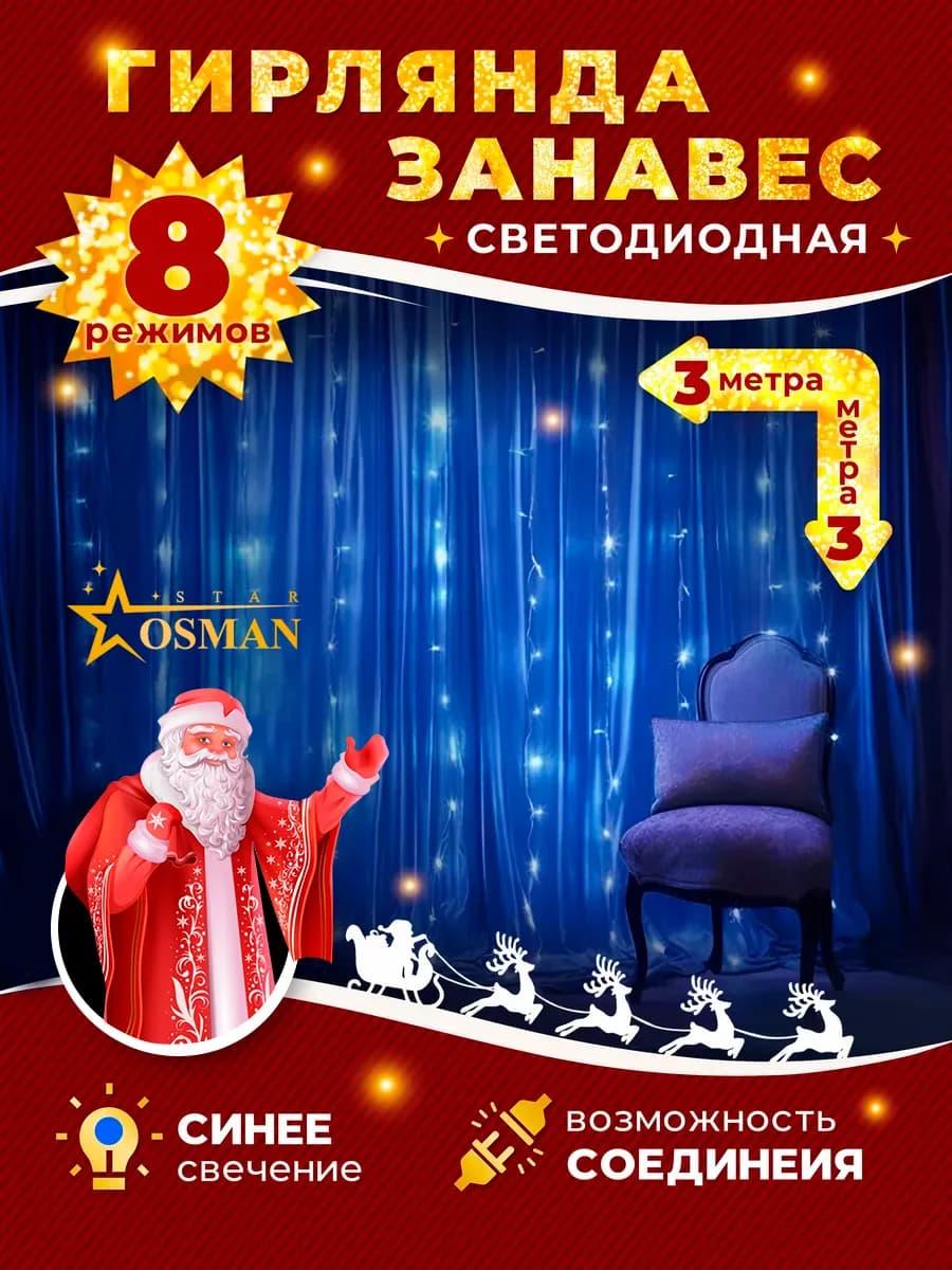Гирлянда Занавес синяя 3х3