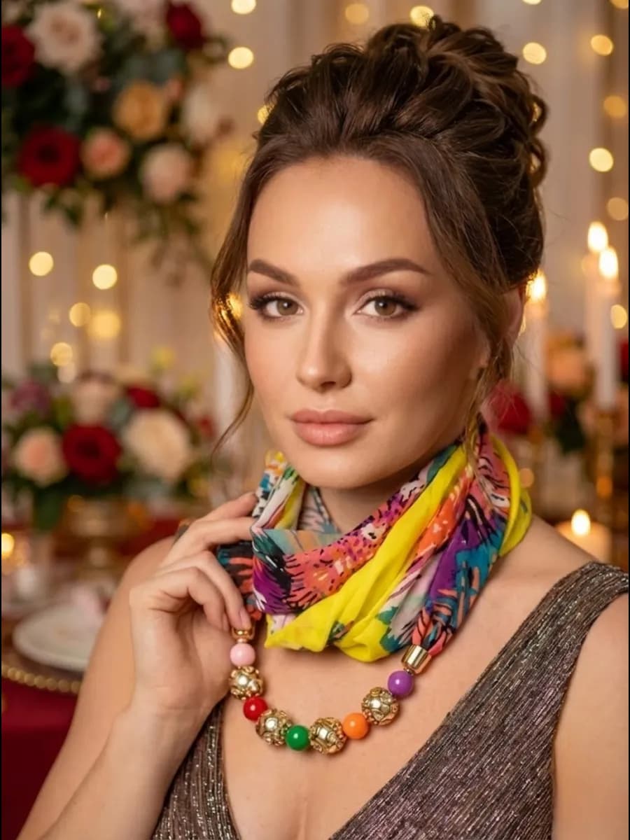 Шарф колье с бусами легкий шифоновый платок