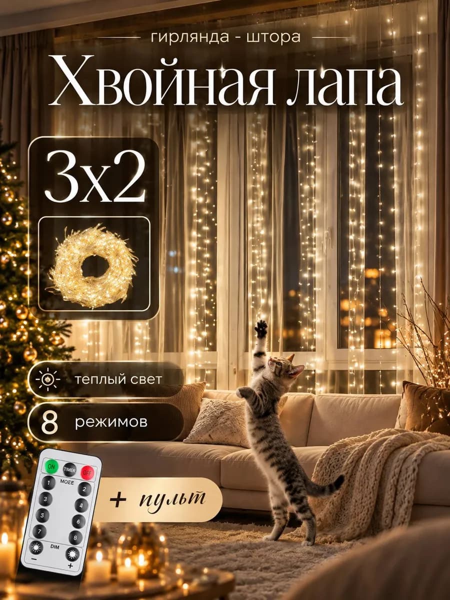 Новогодняя гирлянда штора хвойная лапа мишура 3х2