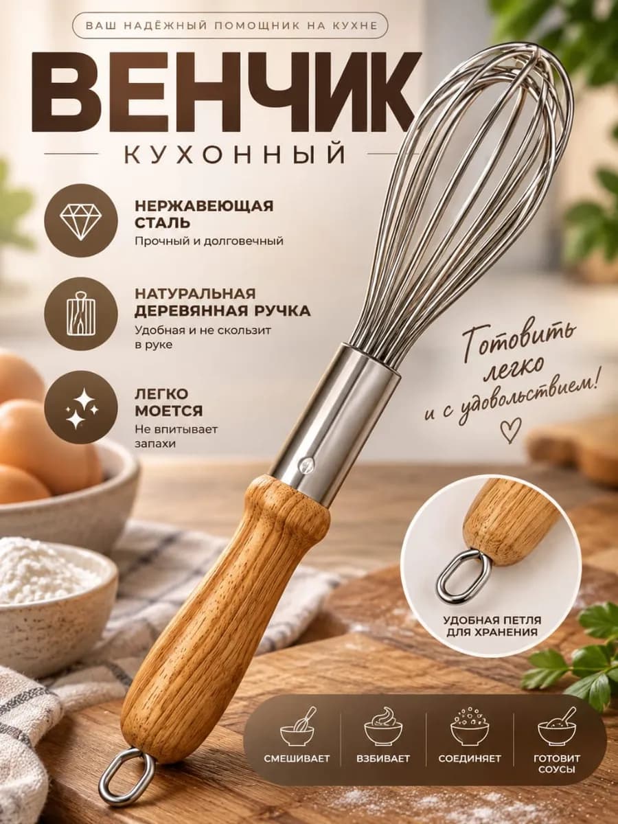 Венчик усиленный с деревянной ручкой 32 см