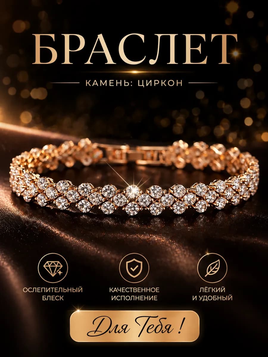 Браслет с фианитами свадебная золотистый вечерняя бижутерия