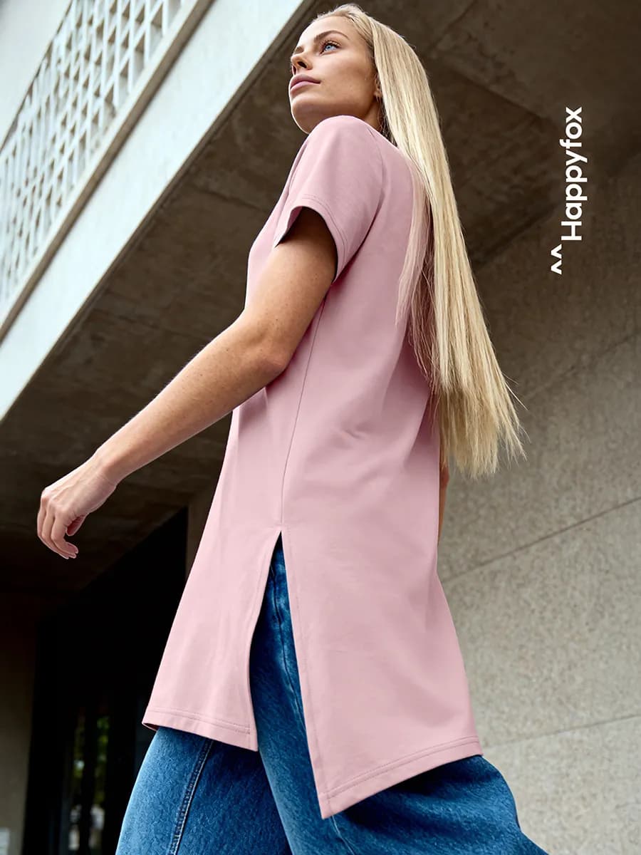 Футболка туника с разрезами удлиненная однотонная хлопок - фото 1