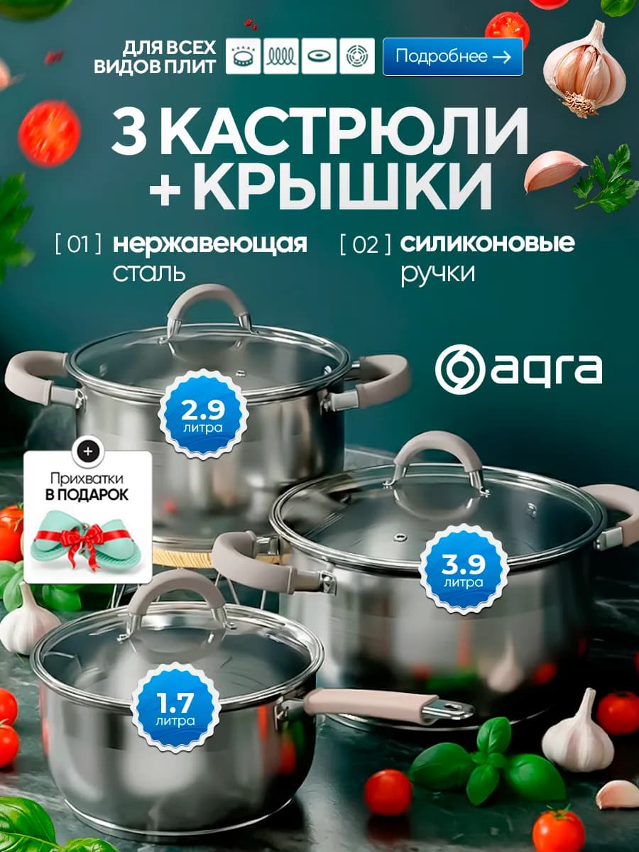 Набор кастрюль со стеклянными крышками стальные 3 шт