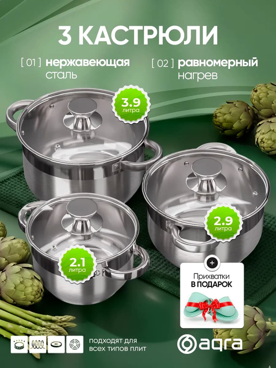 Набор кастрюль со стеклянными крышками стальные 3 шт