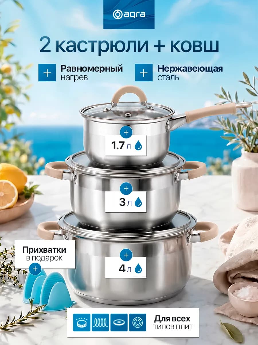 Набор кастрюль со стеклянными крышками стальные 3 шт