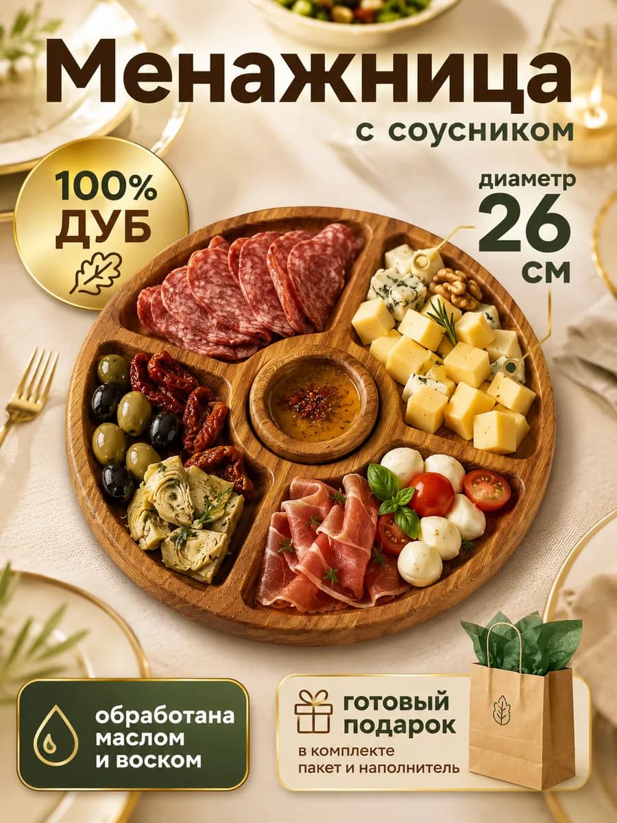 Менажница деревянная круглая с соусником