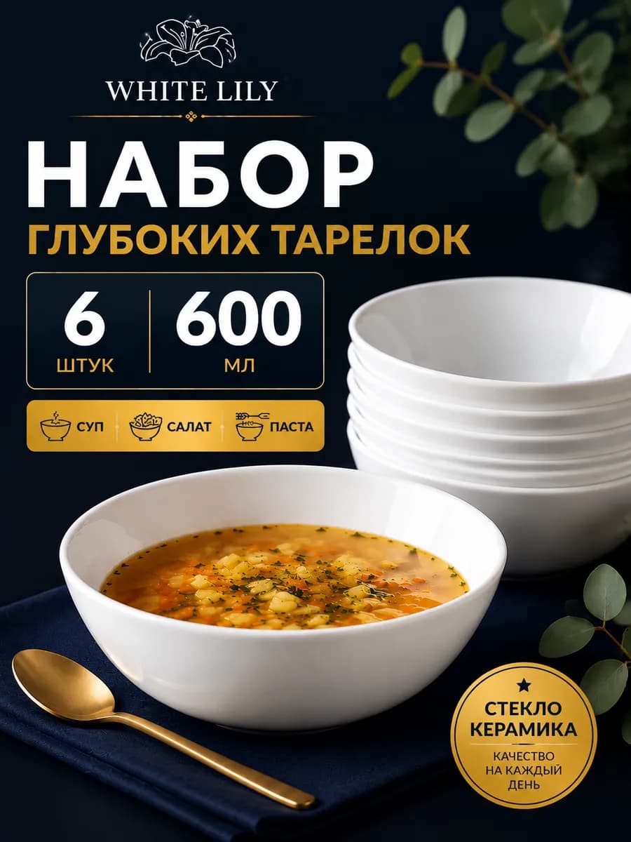 Набор глубоких тарелок 6 шт 600 мл, белые для супа и салата