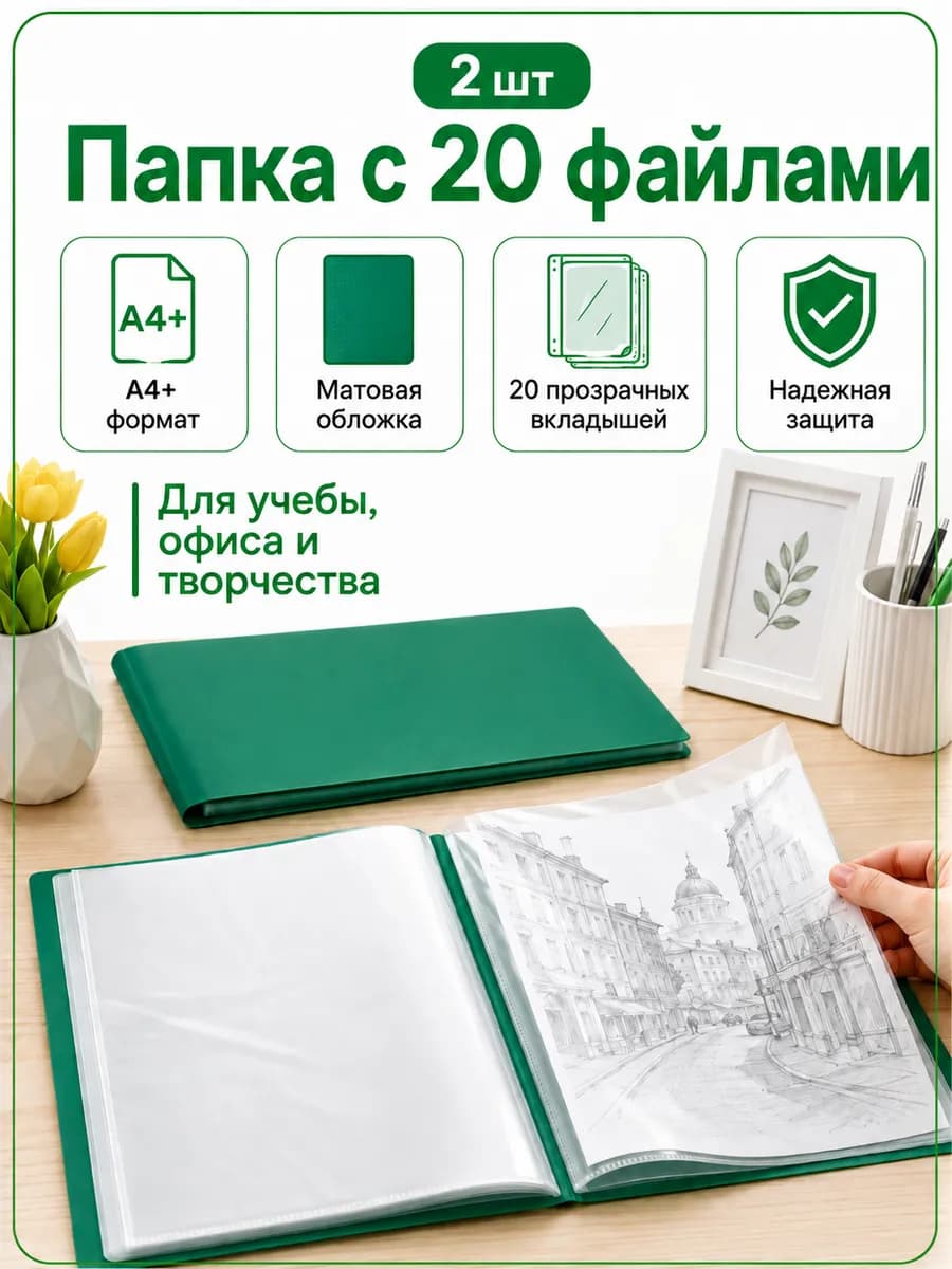 Папка для документов А4 с 20 файлами-2шт