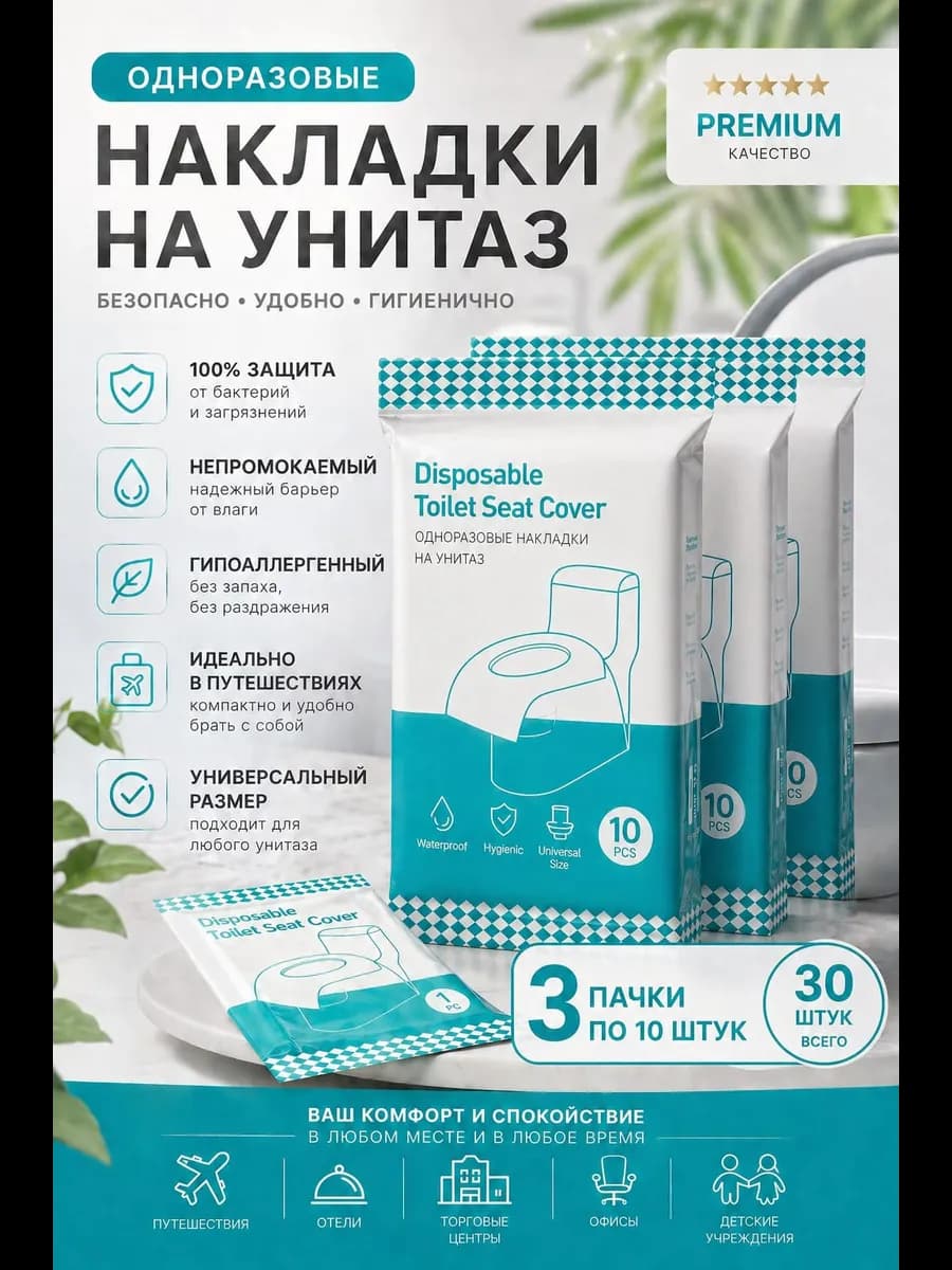 Одноразовые накладки на унитаз непромокаемые покрытие 30 шт