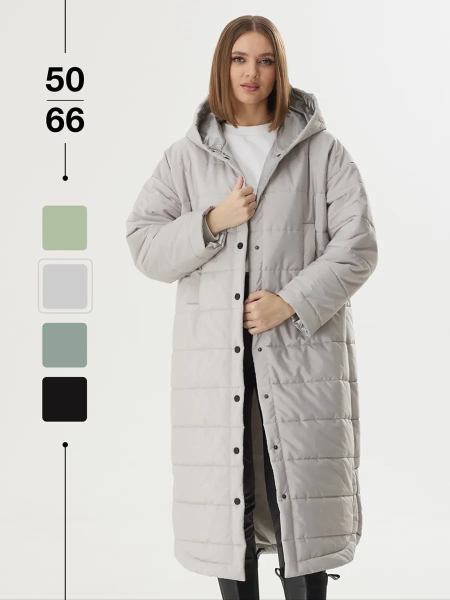 Пальто стеганое демисезонное длинное с капюшоном