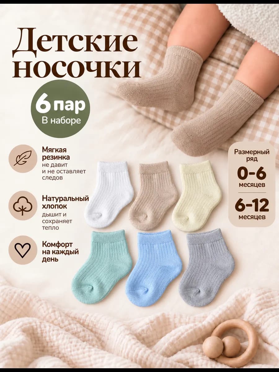 Носочки для новорожденных набор 6 шт