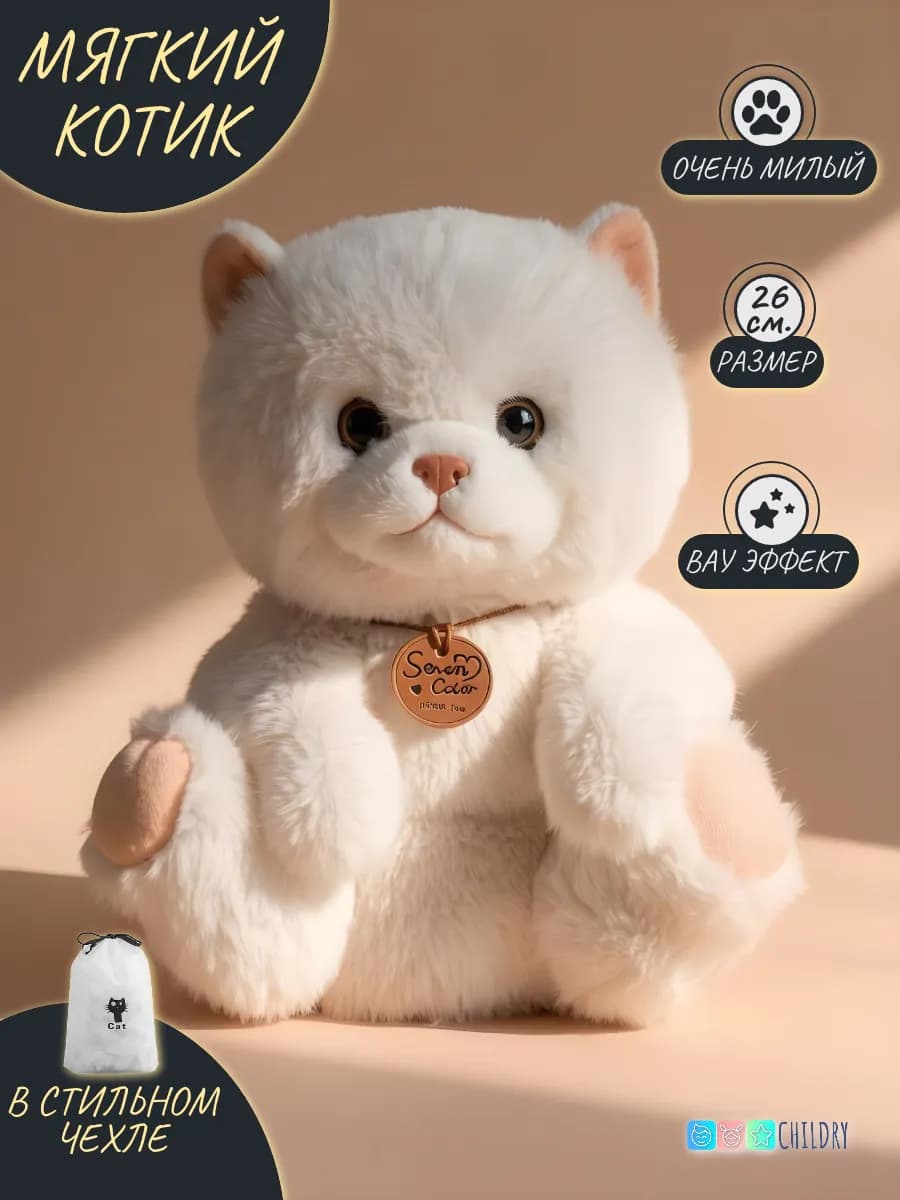 Мягкая игрушка кот белый, для девочки и мальчика