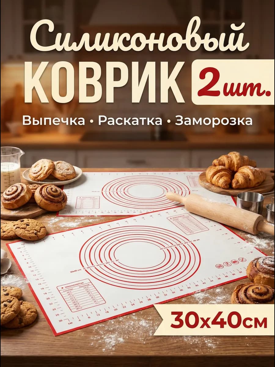 Силиконовый коврик для выпечки 30х40 см, 2 шт в комплекте