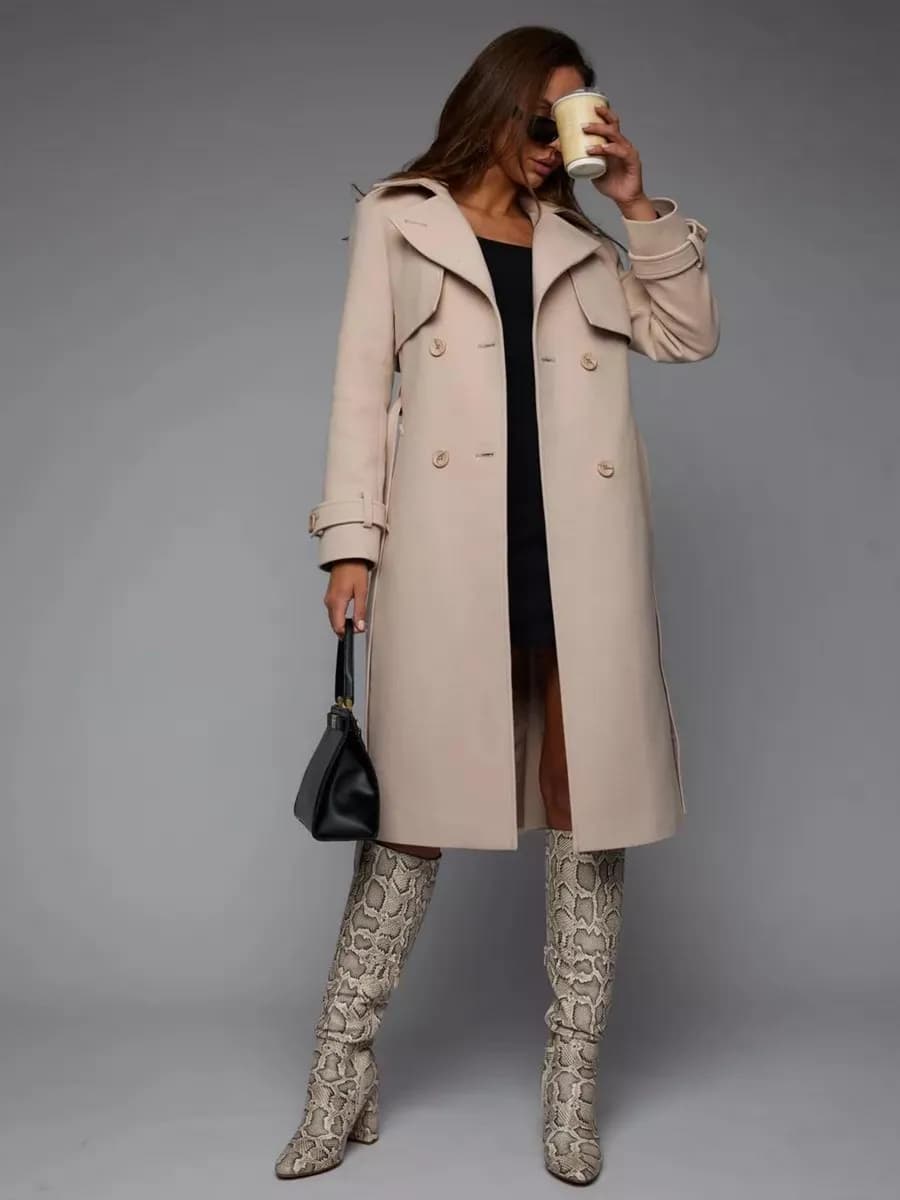 Весеннее пальто драповое с поясом - фото 1