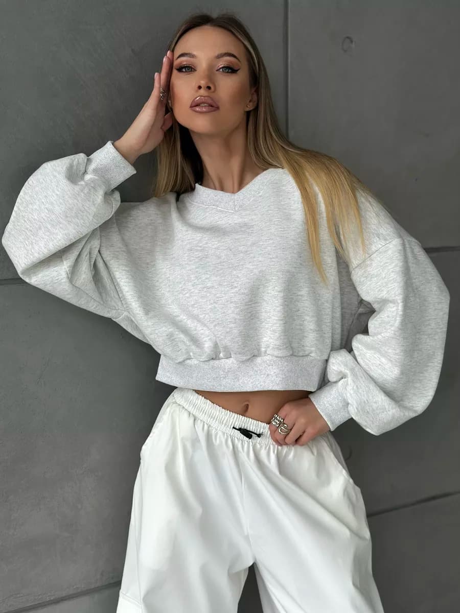 Свитшот оверсайз укороченный без начеса серый old money - фото 1
