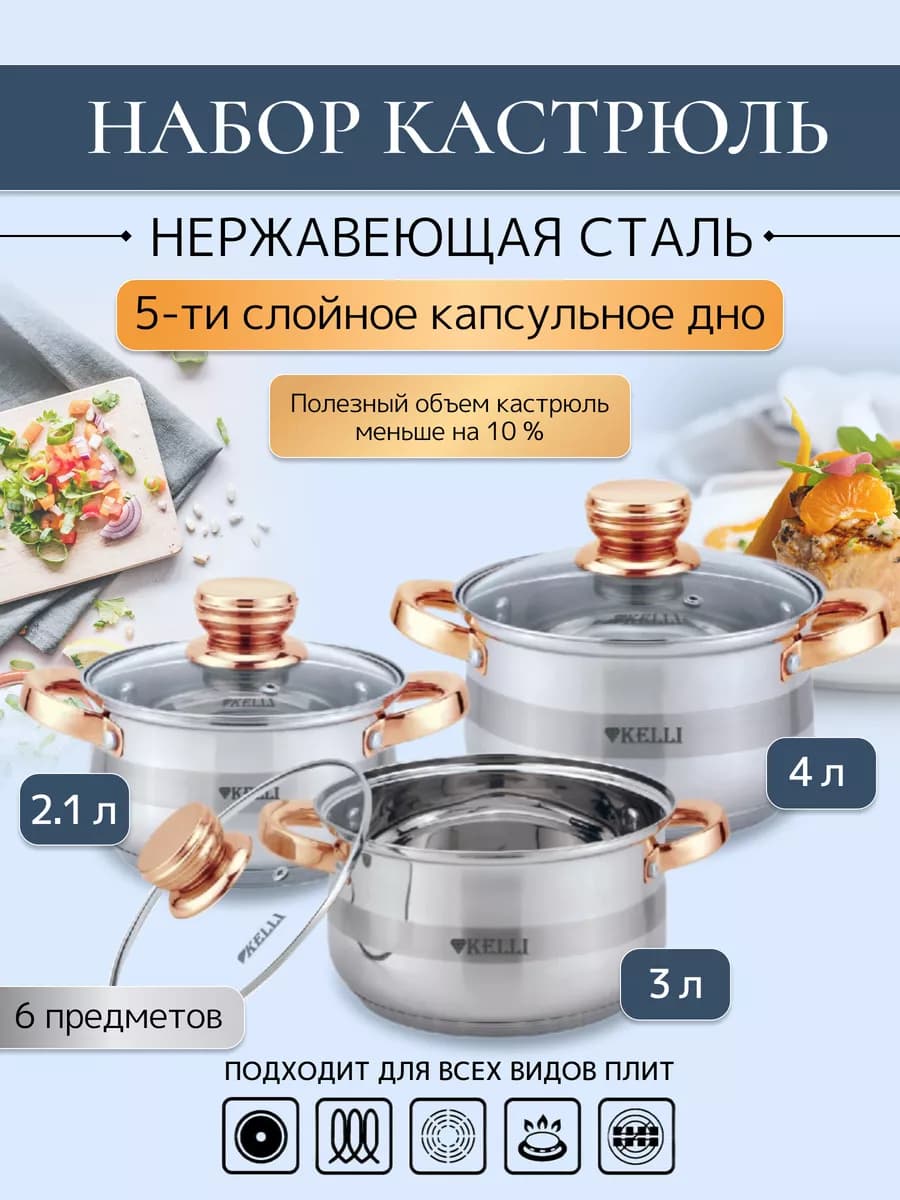 Набор кастрюль из нержавеющей стали с крышками, 3 шт
