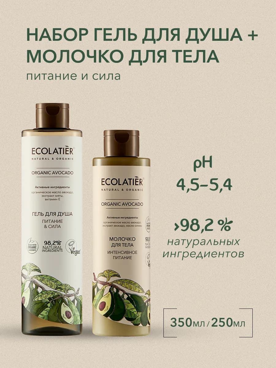 Гель для душа и Молочко тело Питание ORGANIC AVOCADO, 600 мл