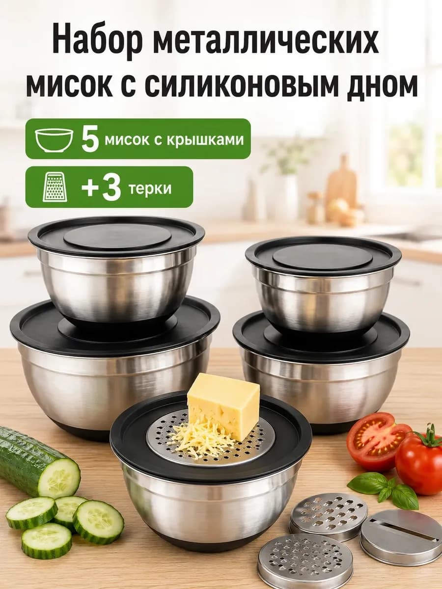 Набор металлических мисок с крышками и терками 5 шт