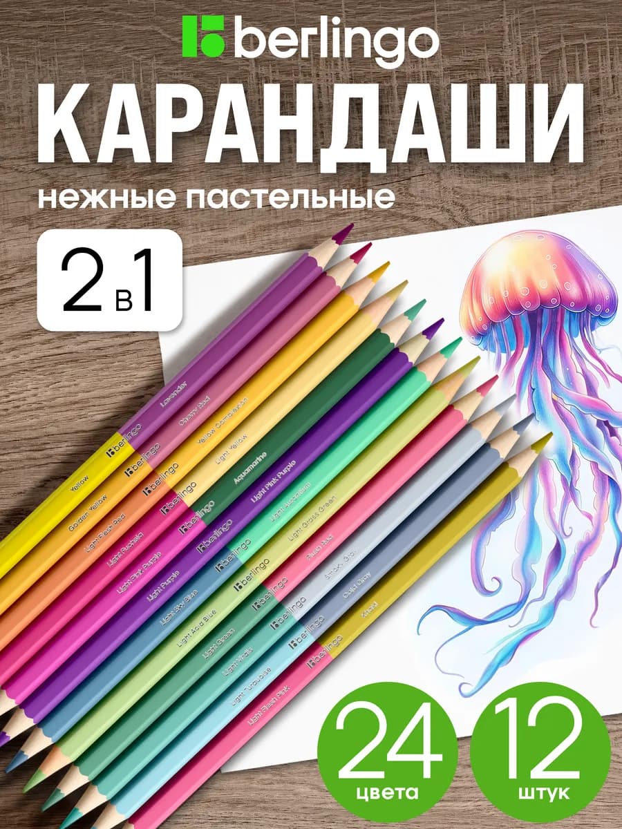 Карандаши цветные двусторонние, пастельные, 24 цвета