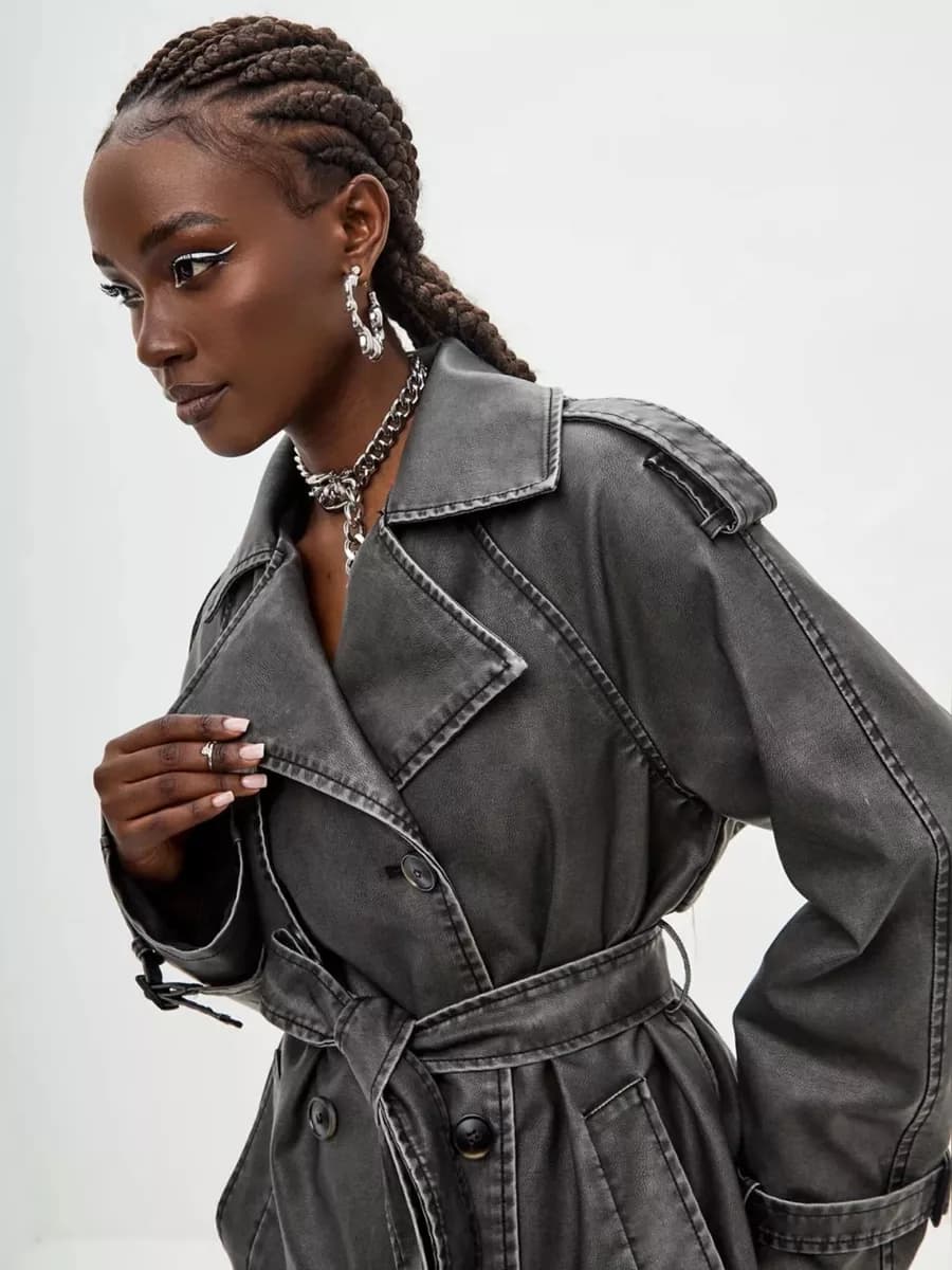 Кожаный плащ тренч длинный с поясом