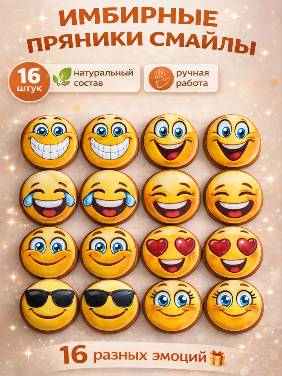 Имбирные пряники Смайлики, набор 16 шт