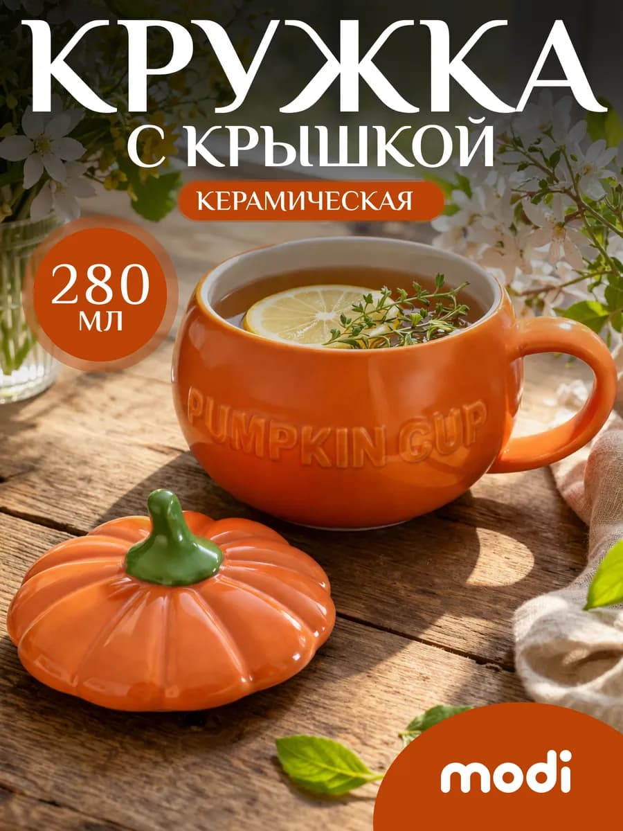 Кружка с крышкой для чая керамическая тыква, сахарница