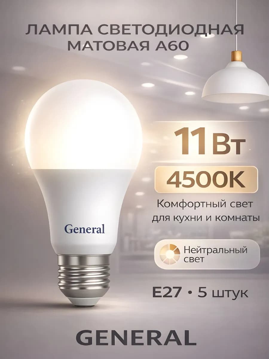 Светодиодная лампочка E27 11Вт 4500K нейтральный свет