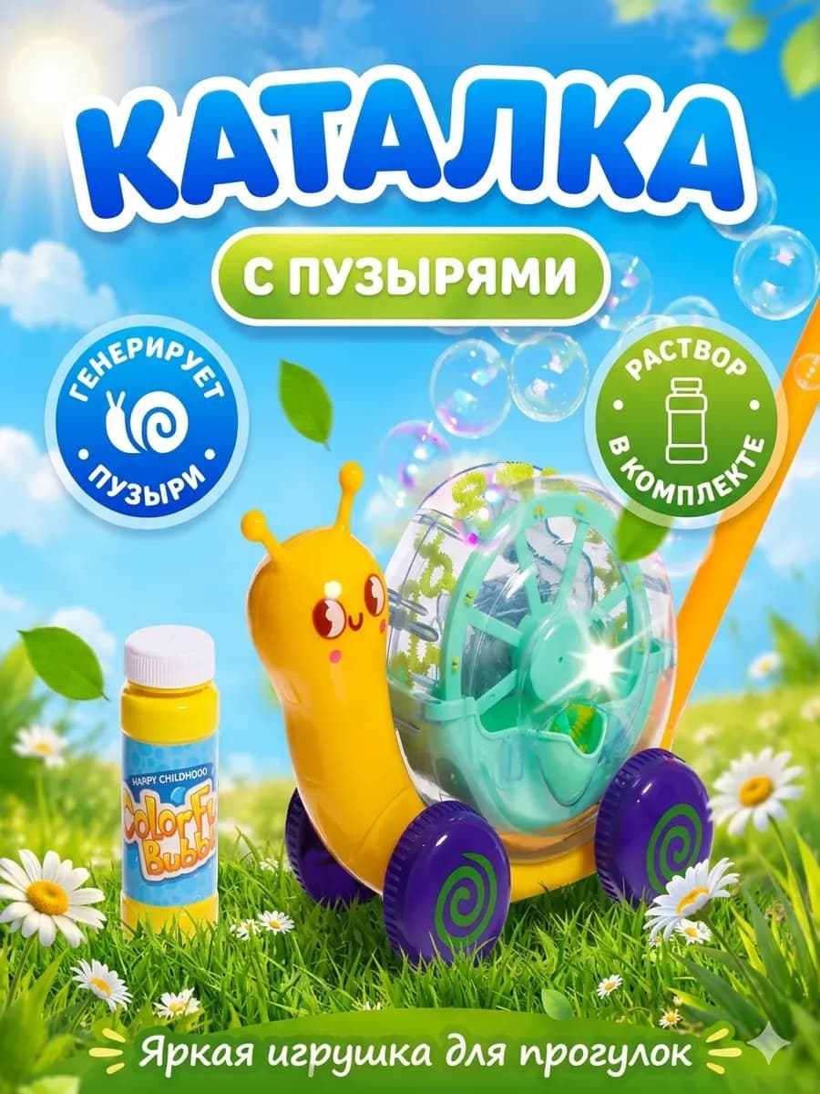 Детская каталка с ручкой генератор мыльных пузыре цвет МИКС