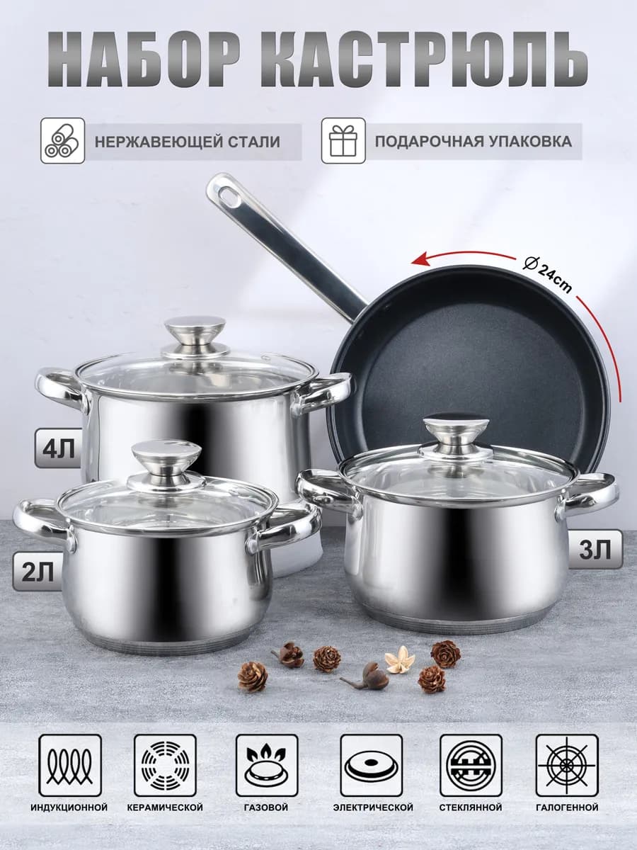 набор кастрюль и сковородок с крышками