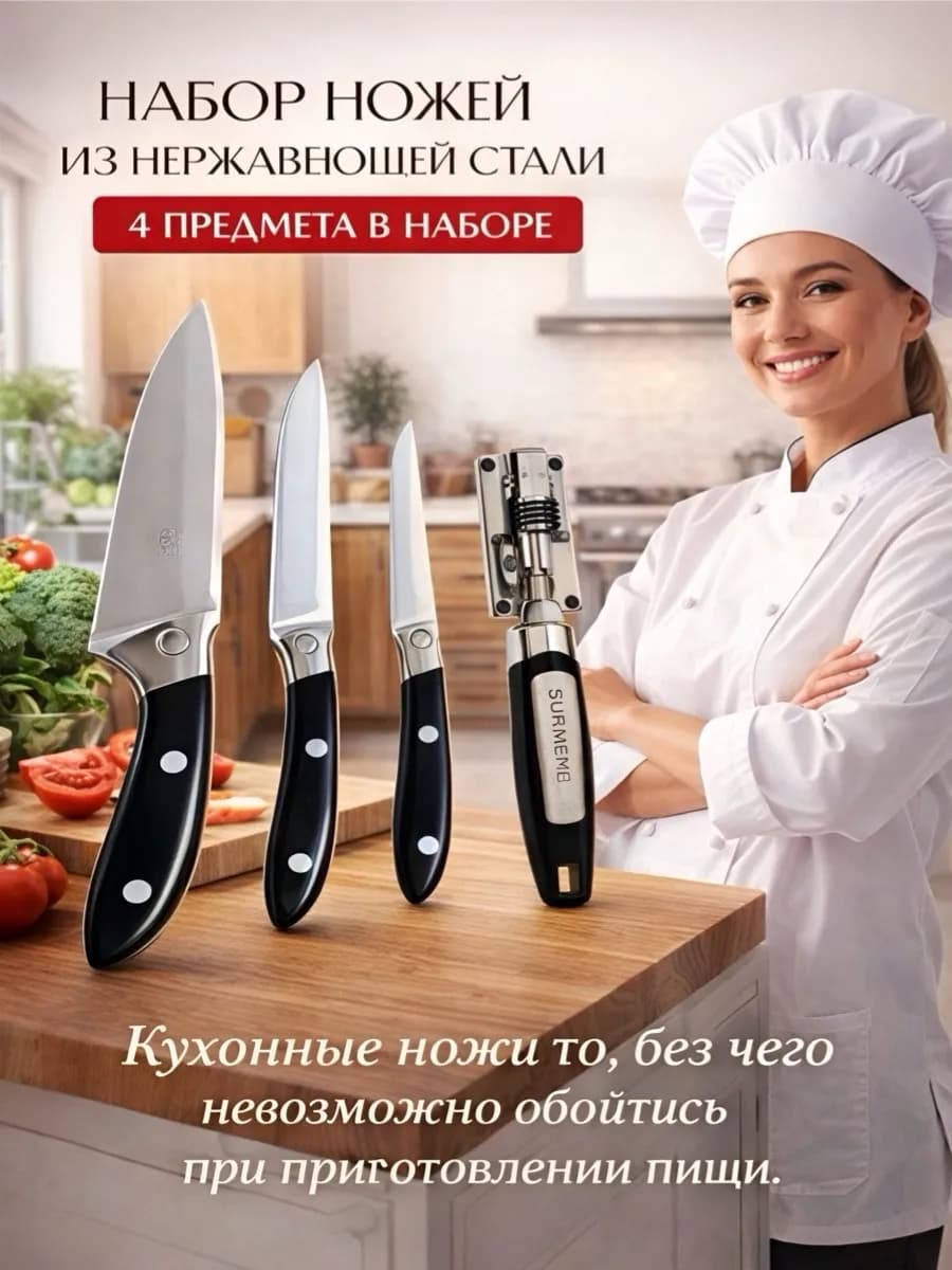 Набор кухонных ножей 3шт + точилка