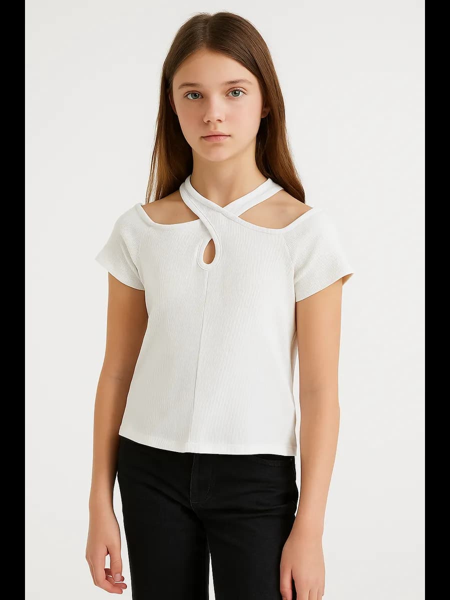 Футболка хлопковая белая укороченная в рубчик - фото 1