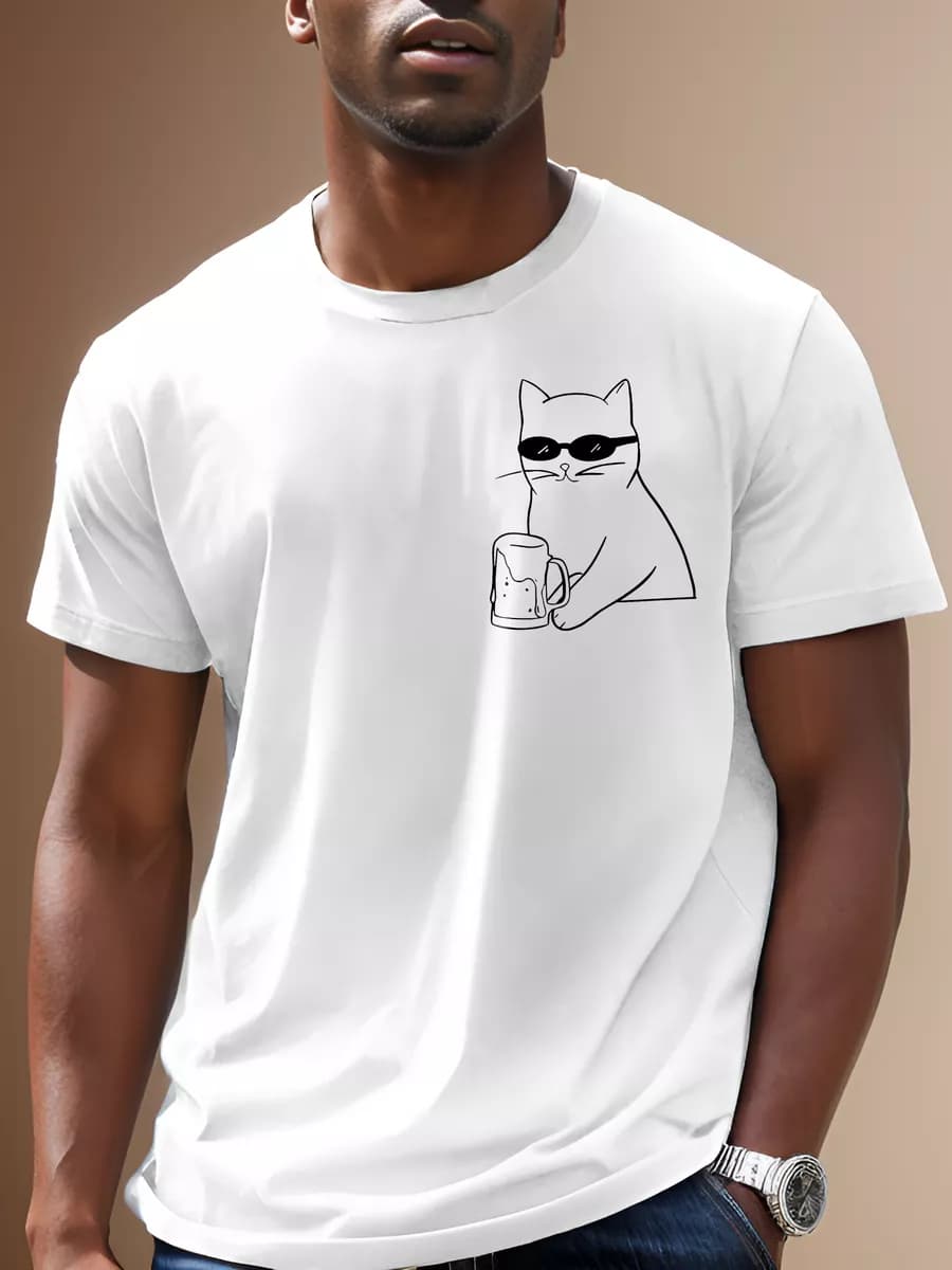 Футболка белая летняя и принт котик хлопок