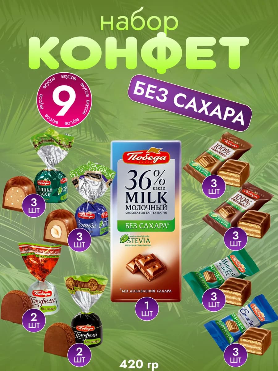 Конфеты шоколадные без сахара трюфели 420гр