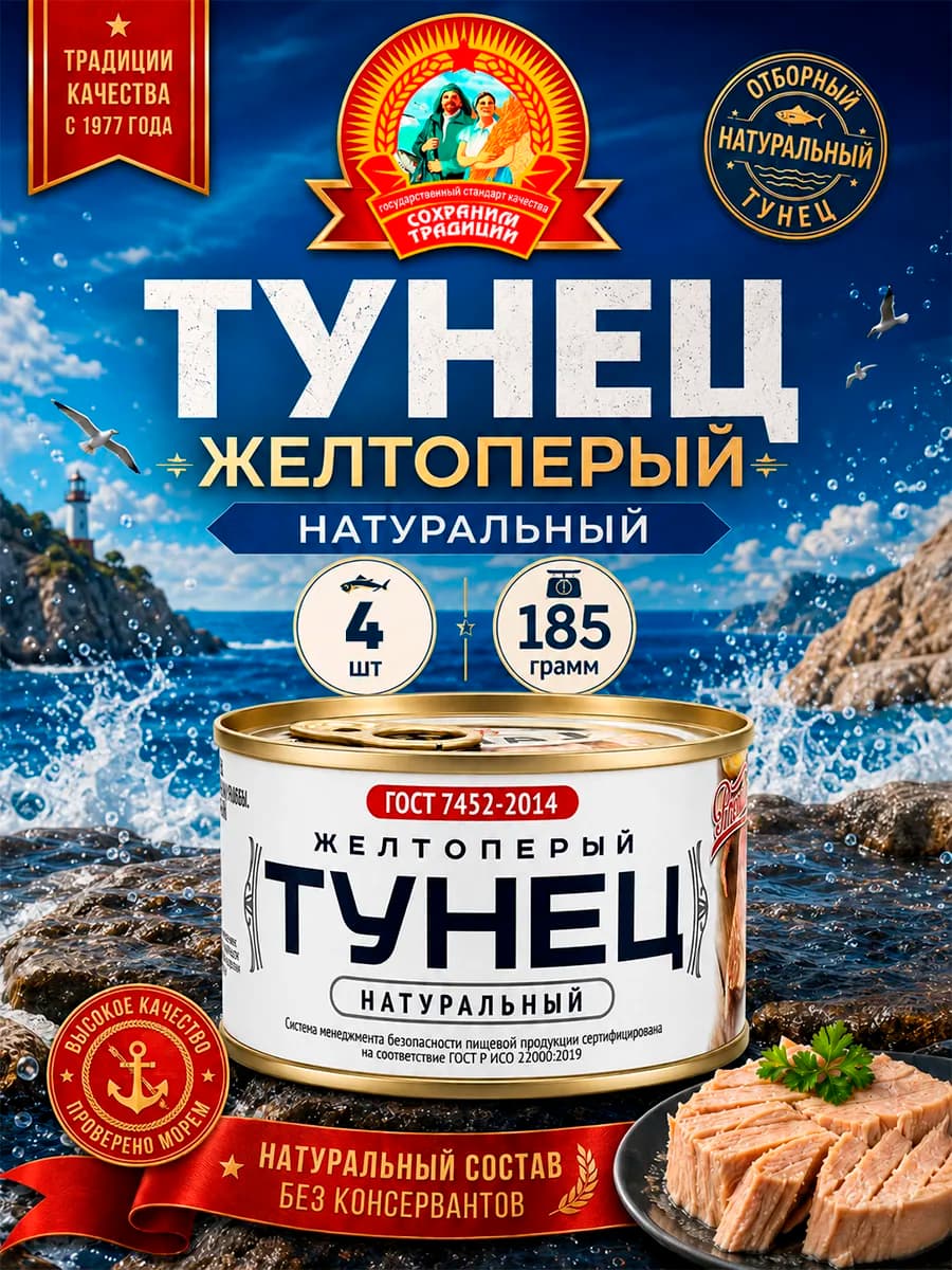 Тунец желтоперый натуральный ГОСТ 185 г