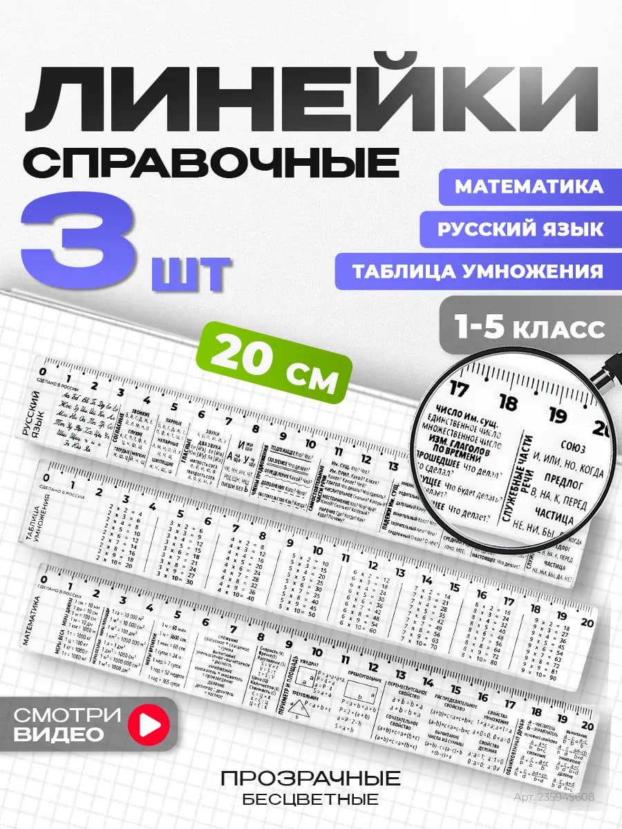 Набор линейка школьная справочная 20 см 3 шт. математика