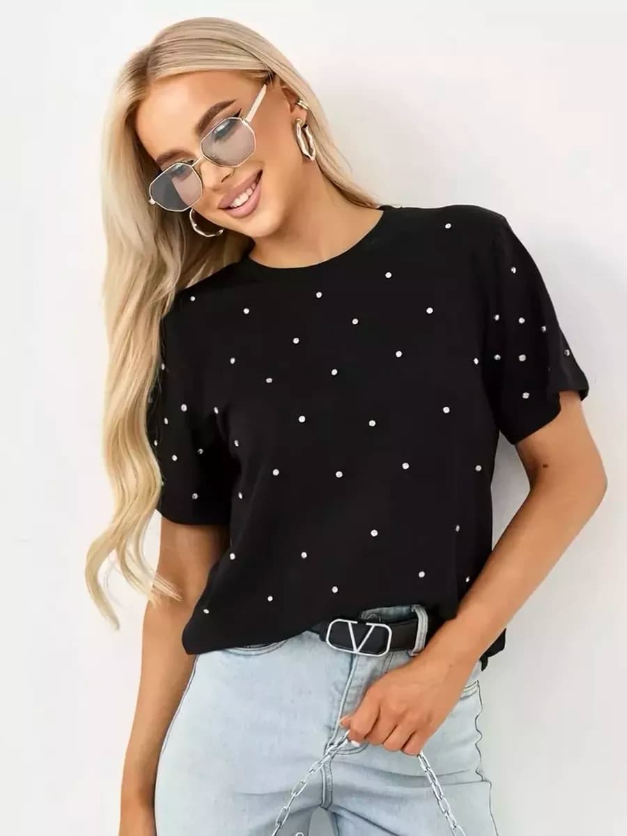 футболка со стразами черная нарядная трикотажная