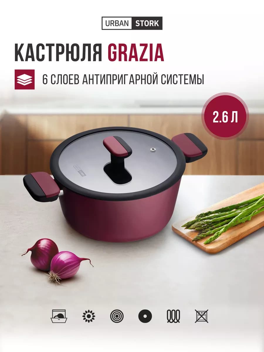 Кастрюля для индукционной плиты с крышкой 2,6л