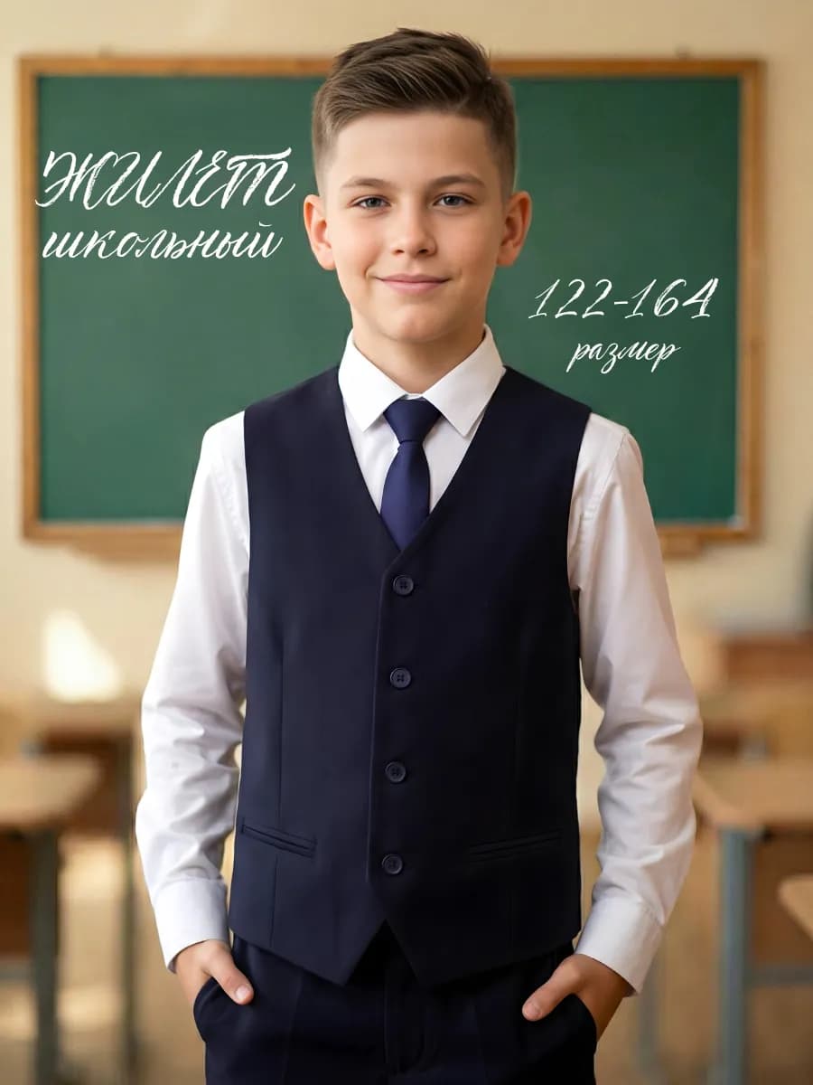 Жилет для мальчика однотонный школьный классический синий