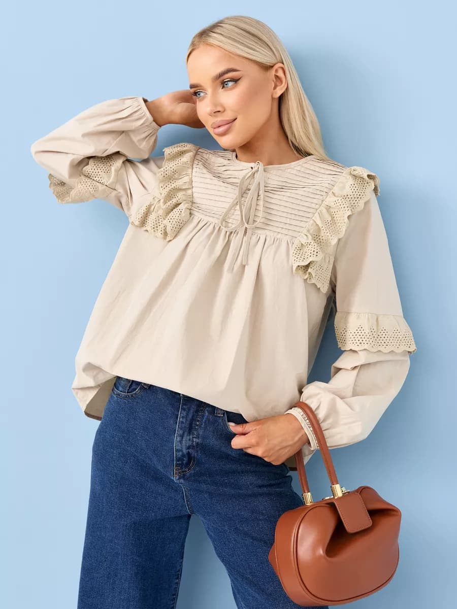 Блузка хлопок нарядная с рюшами, с длинными рукавами