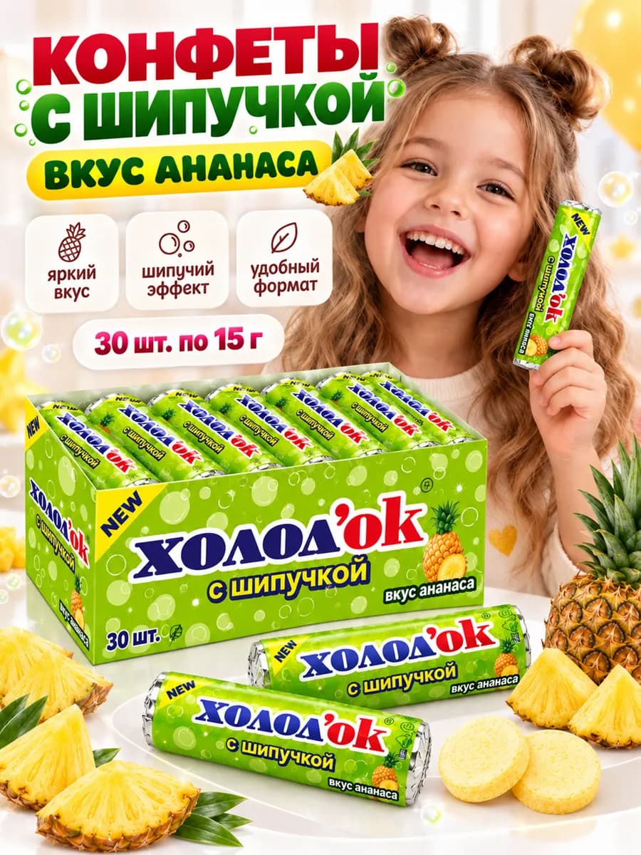 Конфеты Холод`ок ананас с шипучкой 30 шт по 15 гр