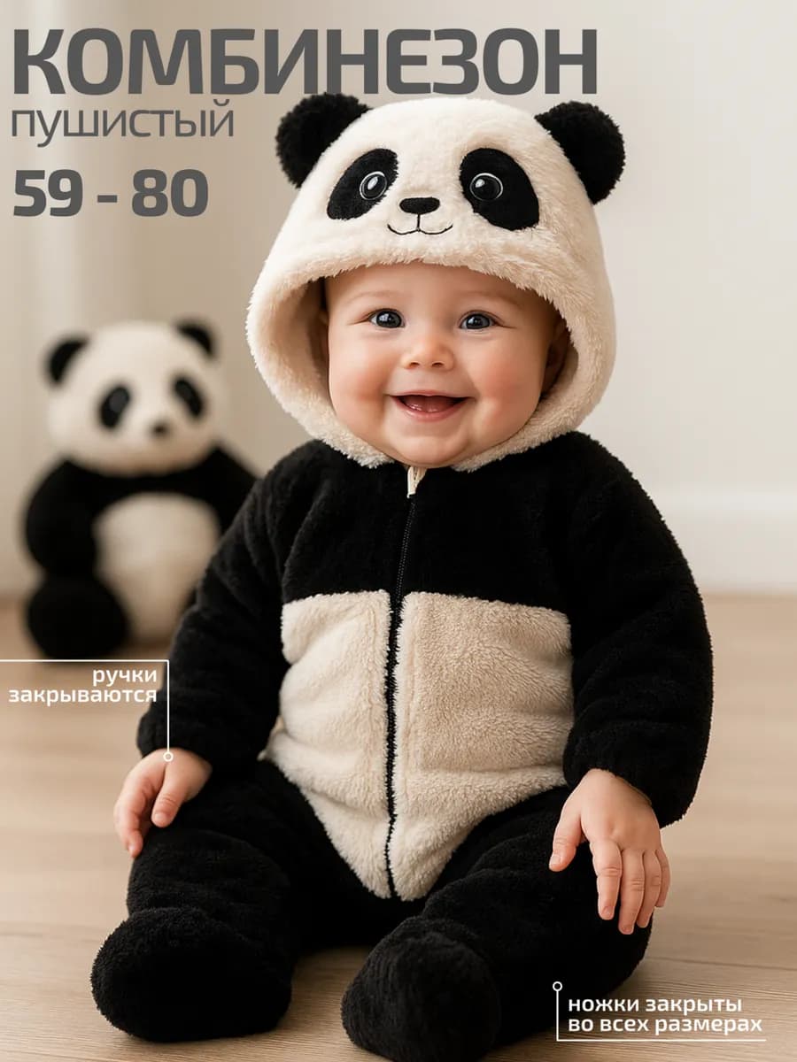 Комбинезон пушистый плюшевый для новорожденных Панда