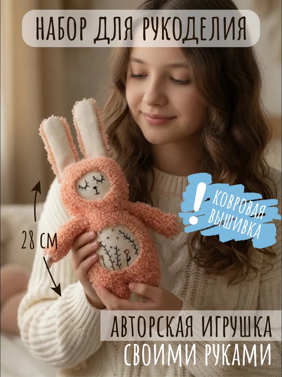 Набор для вышивания в ковровой технике, игрушка Заяц розовый