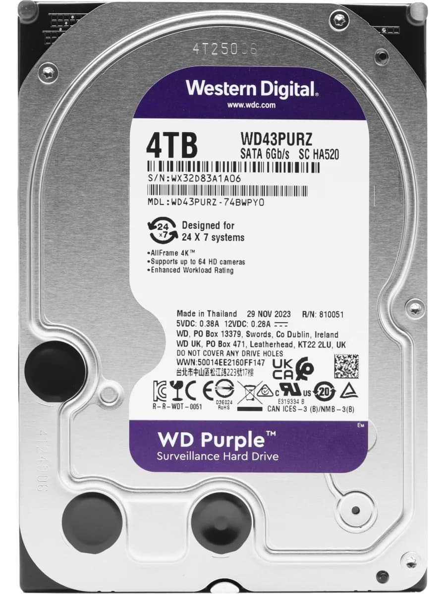 Жесткий диск 4TB WD43PURZ Purple для видеонаблюдения
