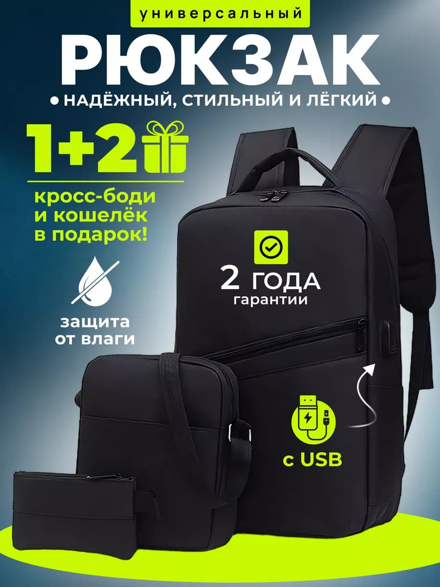 Универсальный черный рюкзак школьный портфель через плечо