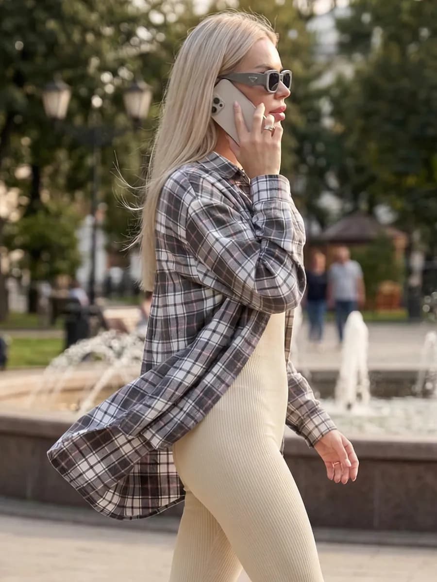 Рубашка в клетку оверсайз фланелевая тонкая удлиненная