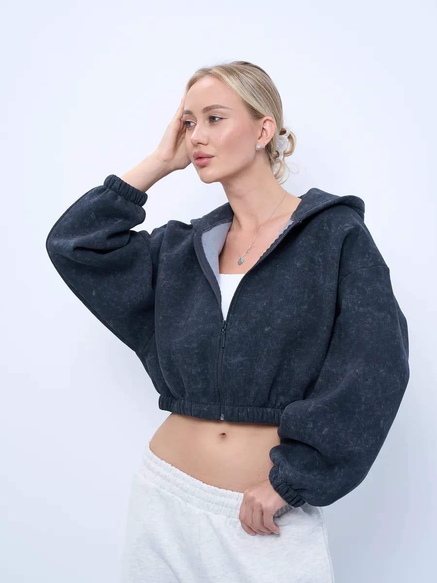 Толстовка укороченная оверсайз с начесом на молнии