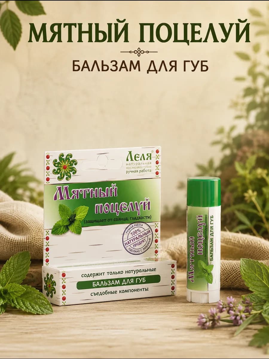Натуральный бальзам для губ Мятный поцелуй Леля