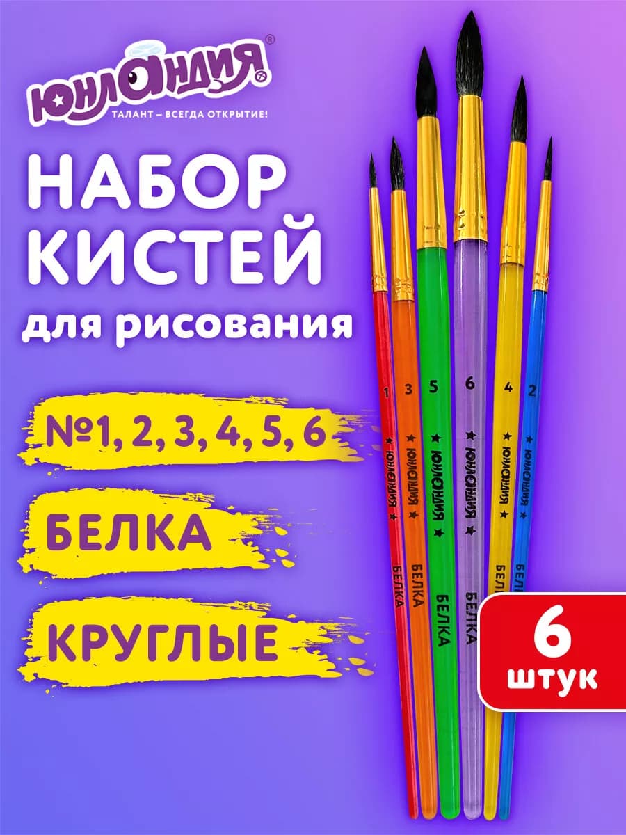 Кисти для рисования в школу набор 6шт кисточки круглые белка